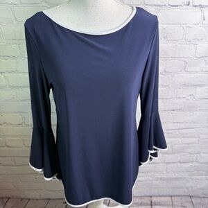 COCO BIANCO Blue Tipped Bell Sleeve Blouse Top Medium